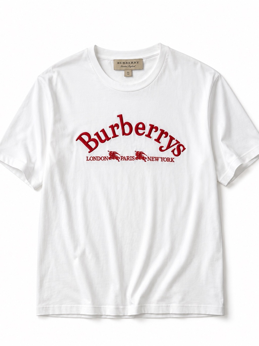 Burberry London England White Graphic Logo Tee Shirt Red Embroidered XL